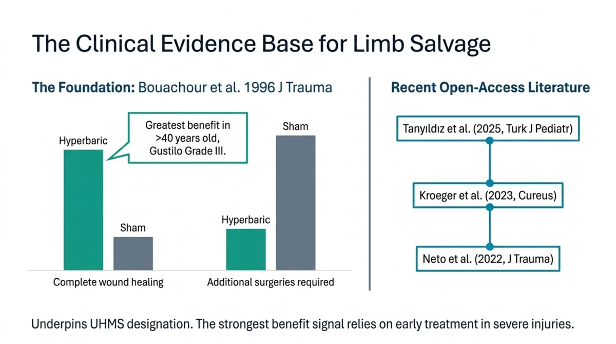Evidence base for limb salvage. The foundational randomised controlled trial, Bouachour and colleagues 1996 in the Journal of Trauma, found more complete wound healing and fewer additional surgeries with hyperbaric oxygen versus sham, with the greatest benefit in patients over 40 with Gustilo grade III injuries. Recent open-access reports include Tanyildiz 2025, Kroeger 2023 and Neto 2022.
