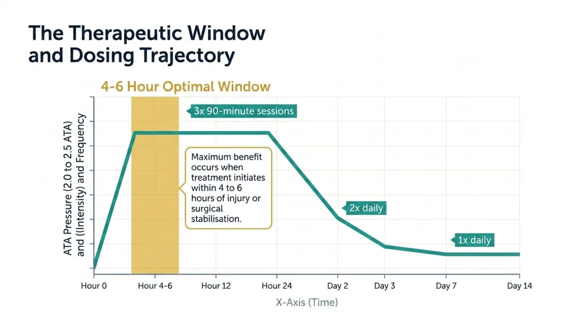 Therapeutic window and dosing trajectory. Maximum benefit when treatment starts within 4 to 6 hours of injury or surgical stabilisation, at 2.0 to 2.5 ATA. Typical schedule: three 90-minute sessions in the first 24 hours, then twice daily on days 2 to 3, then once daily.