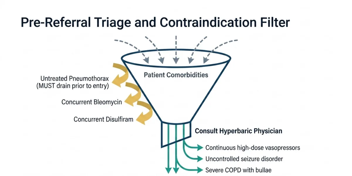 Pre-referral triage and contraindication filter. Drain an untreated pneumothorax before chamber entry; concurrent bleomycin and concurrent disulfiram are key cautions. Discuss continuous high-dose vasopressors, uncontrolled seizure disorder and severe COPD with bullae with the hyperbaric physician. Multiplace chambers accommodate full ICU monitoring and ventilation.