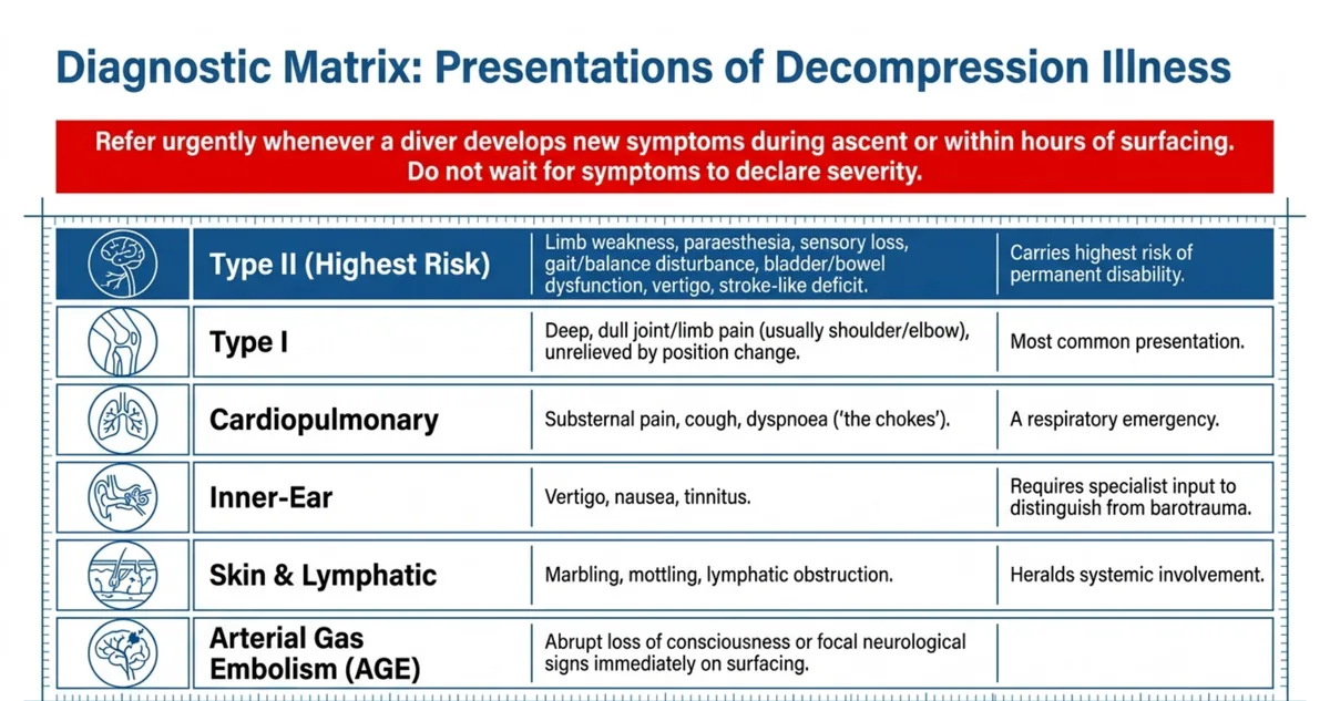 Table of decompression illness presentations by type, from Type I limb pain to Type II neurological involvement, cardiopulmonary, inner-ear, skin and arterial gas embolism.