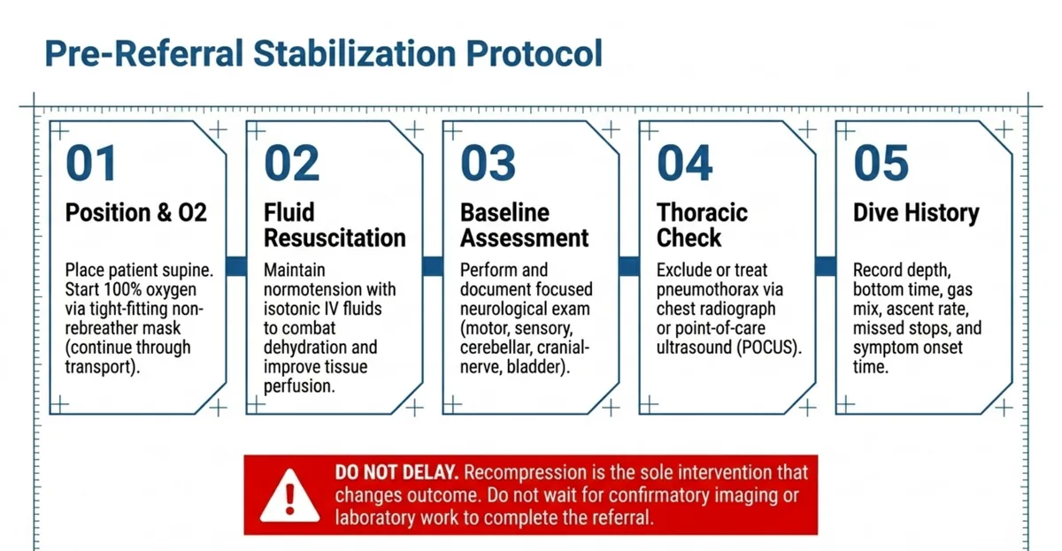 Five-step pre-referral flow for decompression sickness: position and oxygen, fluids, baseline neurological assessment, thoracic check, and dive history.