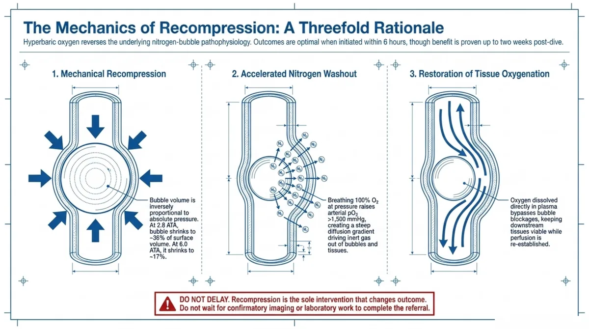Three-panel diagram of how recompression treats decompression sickness: mechanical bubble compression, accelerated nitrogen washout, and restored tissue oxygenation.