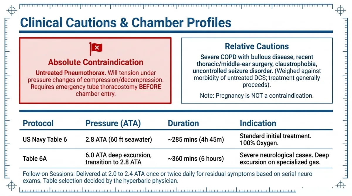 Summary of contraindications and the US Navy chamber treatment tables used for decompression sickness.