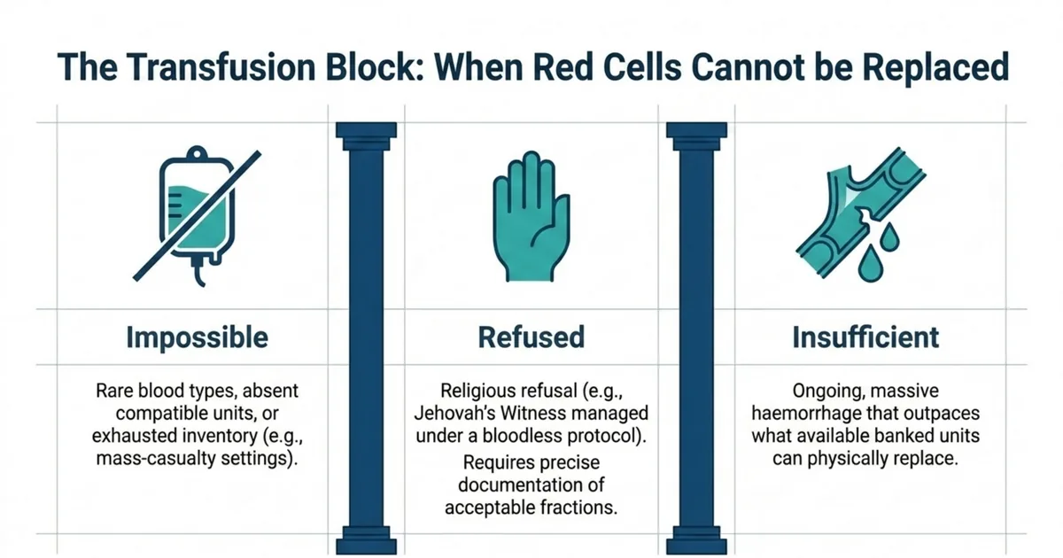 Three columns showing when red cells cannot be replaced: transfusion impossible, refused, or insufficient.