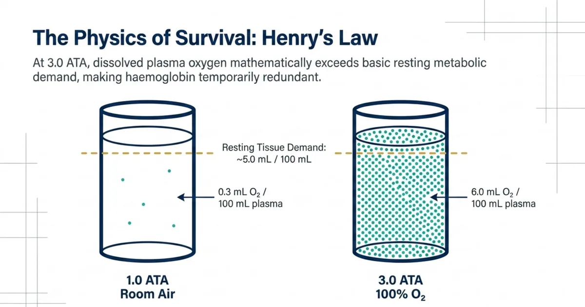 Two cylinders comparing dissolved plasma oxygen at 1.0 ATA room air versus 3.0 ATA on 100 percent oxygen, against resting tissue demand.