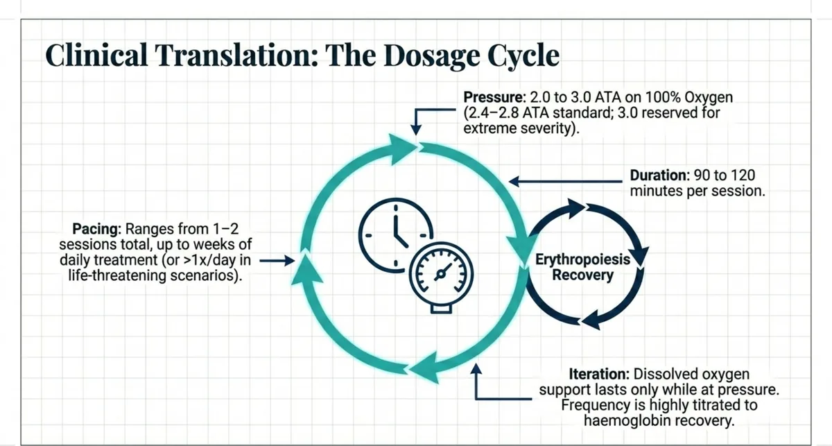 Dosage cycle diagram showing pressure, duration, pacing, and titration to haemoglobin recovery.