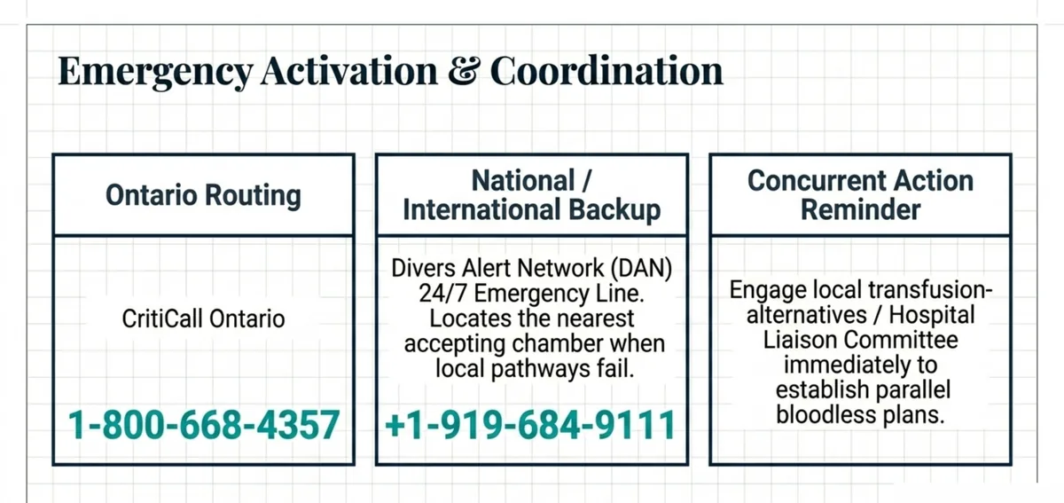 Three cards for emergency activation: Ontario CritiCall routing, Divers Alert Network backup line, and concurrent bloodless planning.