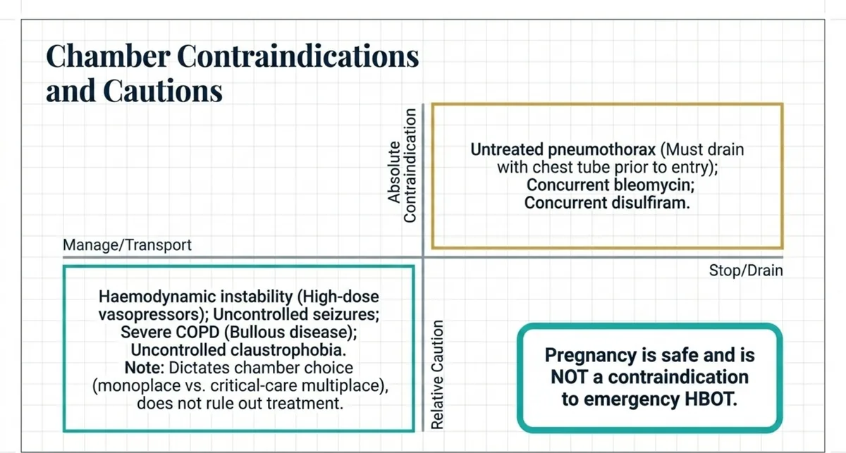 Quadrant chart of chamber contraindications and cautions, noting pregnancy is not a contraindication.