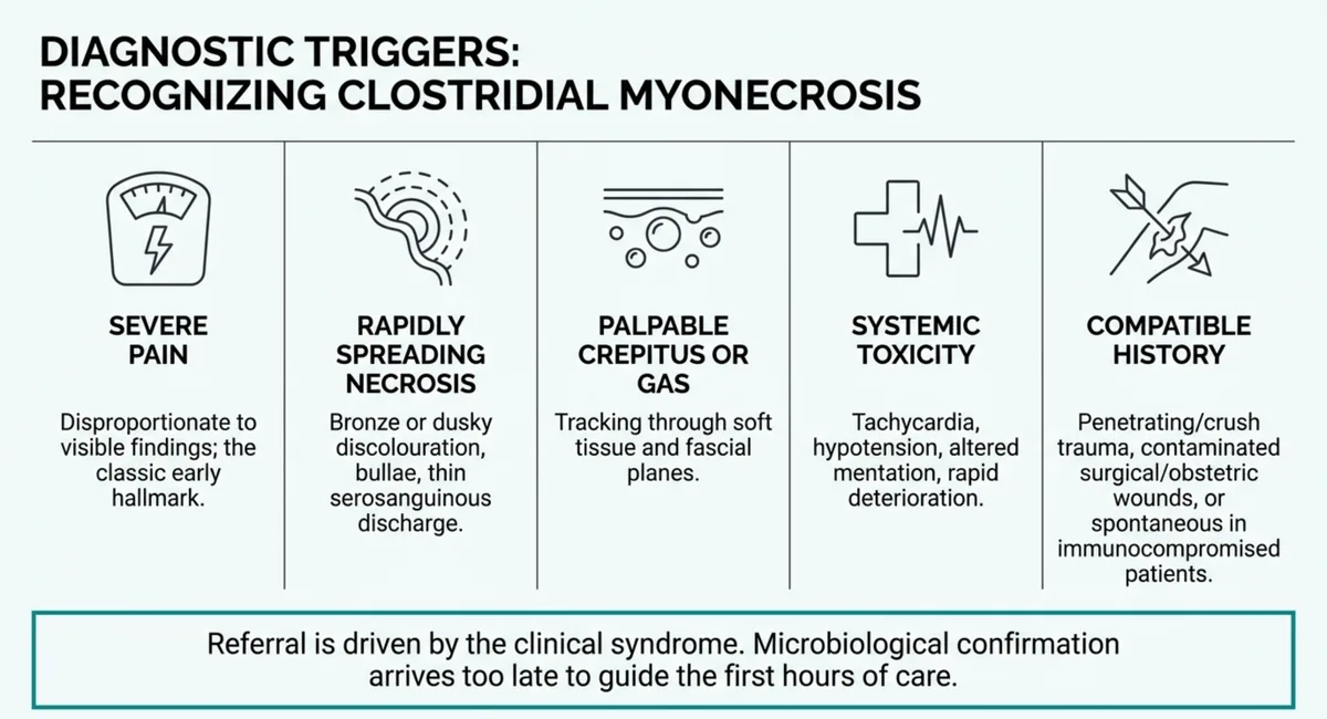 Five diagnostic triggers for clostridial myonecrosis shown as an icon row: severe pain, rapidly spreading necrosis, palpable crepitus or gas, systemic toxicity, and a compatible history.