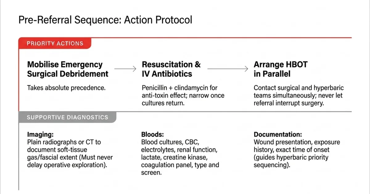 Pre-referral action protocol showing priority actions (surgical debridement, resuscitation and antibiotics, arrange hyperbaric oxygen in parallel) above supportive diagnostics for imaging, bloods, and documentation.