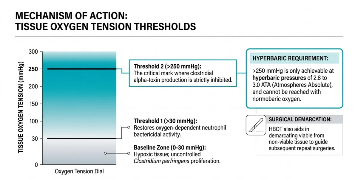 Tissue oxygen tension scale from 0 to 300 mmHg marking the low-oxygen neutrophil impairment zone and the 250 mmHg alpha-toxin inhibition threshold, with a note that the higher level needs hyperbaric pressures of 3.0 ATA.