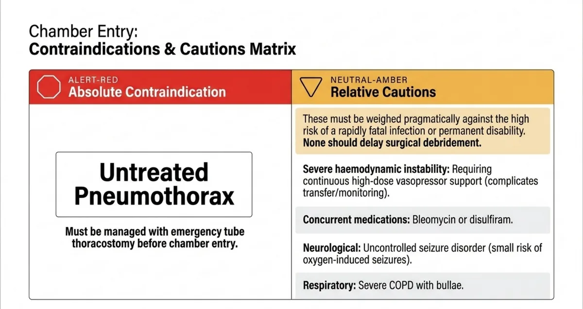Two-column matrix contrasting the single absolute contraindication, untreated pneumothorax, with relative cautions including haemodynamic instability, concurrent bleomycin or disulfiram, seizure disorder, and severe COPD with bullae.