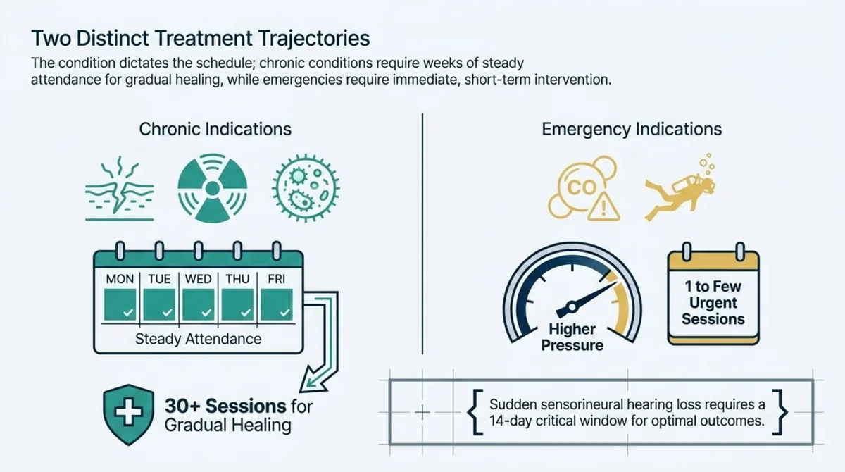 Two-column diagram contrasting chronic indications, treated with a steady weekday course of often thirty or more sessions, against emergency indications such as carbon monoxide poisoning and decompression sickness, treated with one to a few urgent higher-pressure sessions, with a note that sudden sensorineural hearing loss has a roughly fourteen-day treatment window.