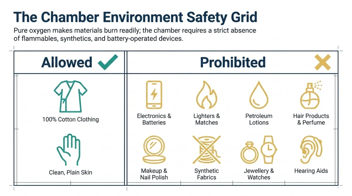 Allowed-versus-prohibited grid for the chamber: cotton clothing and clean skin are allowed, while electronics and batteries, lighters and matches, petroleum lotions, hair products and perfume, makeup and nail polish, synthetic fabrics, jewellery and watches, and hearing aids are kept out because pure oxygen makes materials burn readily.