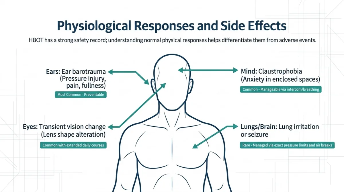 Body diagram of hyperbaric side effects: ear barotrauma as the most common and preventable effect, temporary reversible vision change with longer courses, claustrophobia that is usually manageable, and rare lung irritation or seizure managed with pressure limits and air breaks.