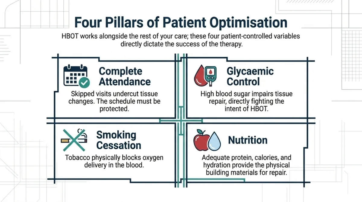 Four pillars of getting the most from treatment: complete attendance, glycaemic control, smoking cessation, and good nutrition, each shown as a patient-controlled factor that supports tissue repair alongside HBOT.