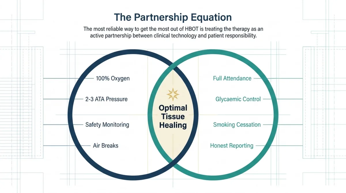 Venn-style diagram showing the clinical contributions of oxygen, treatment pressure, safety monitoring, and air breaks overlapping with the patient contributions of full attendance, glycaemic control, smoking cessation, and honest reporting, meeting at optimal tissue healing.