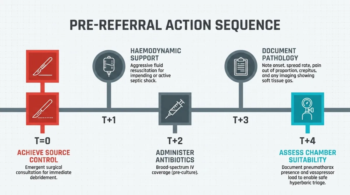 Pre-referral action sequence on a timeline: source control at time zero, then haemodynamic support, broad-spectrum antibiotics, documentation of the pathology, and assessment of chamber suitability.