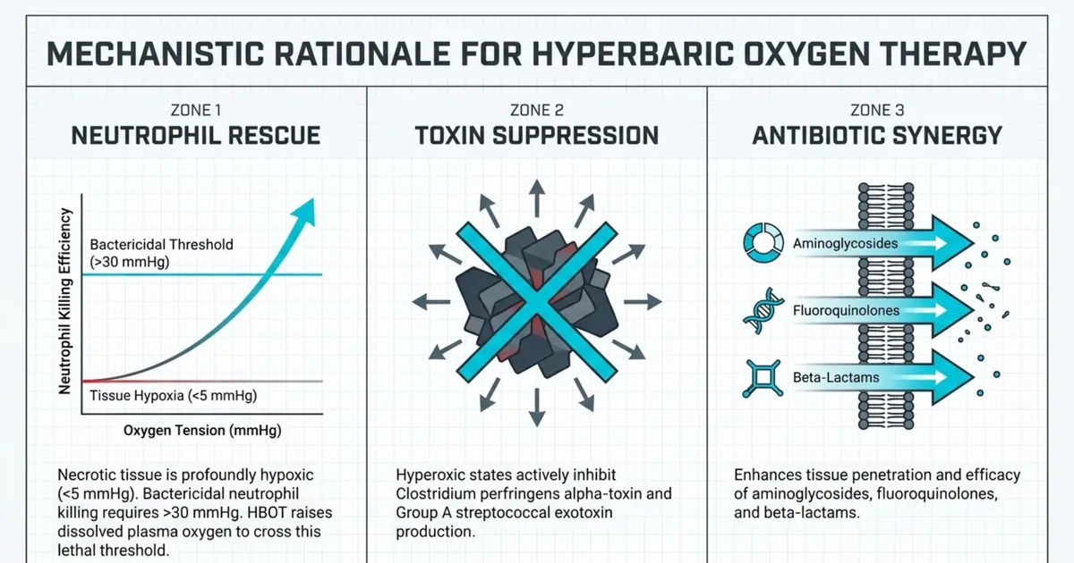 Three-zone mechanism panel: neutrophil rescue showing bactericidal killing is impaired at low tissue oxygen tension while necrotic tissue sits below 5 mmHg, toxin suppression of clostridial alpha-toxin and Group A streptococcal exotoxin, and antibiotic synergy improving penetration of aminoglycosides, fluoroquinolones and beta-lactams.