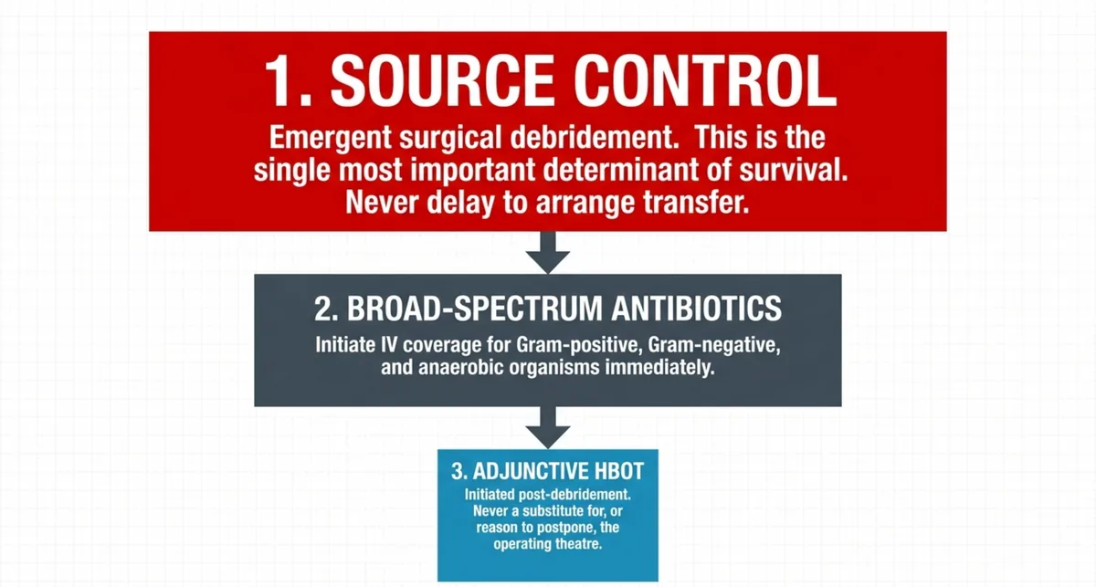 Three-step treatment hierarchy flowchart: source control by emergent surgical debridement, then broad-spectrum intravenous antibiotics, then adjunctive hyperbaric oxygen initiated after debridement and never a substitute for the operating theatre.