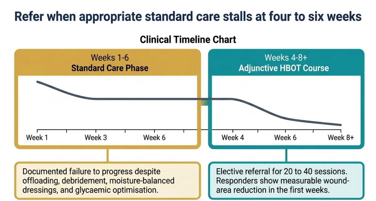 Clinical timeline contrasting a weeks one to six standard care phase with an overlapping weeks four to eight adjunctive hyperbaric oxygen course, showing the wound stalling under standard care and then improving once an elective referral is made.