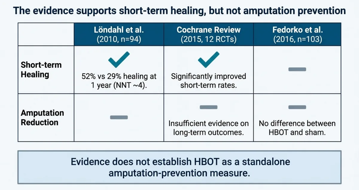 Evidence comparison table for diabetic foot ulcers across three references: Loendahl 2010 (n=94) showing 52 percent versus 29 percent healing at one year with a number-needed-to-treat of about 4, the 2015 Cochrane review of 12 randomised trials showing significantly improved short-term healing but insufficient evidence on long-term outcomes, and Fedorko 2016 (n=103) showing no difference between hyperbaric oxygen and sham for amputation, with a summary that the evidence does not establish hyperbaric oxygen as a standalone amputation-prevention measure.