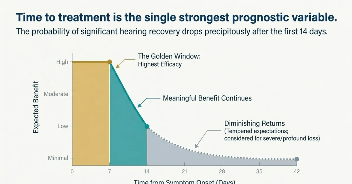Timeline showing hyperbaric oxygen efficacy declining as the interval from hearing-loss onset to treatment lengthens.
