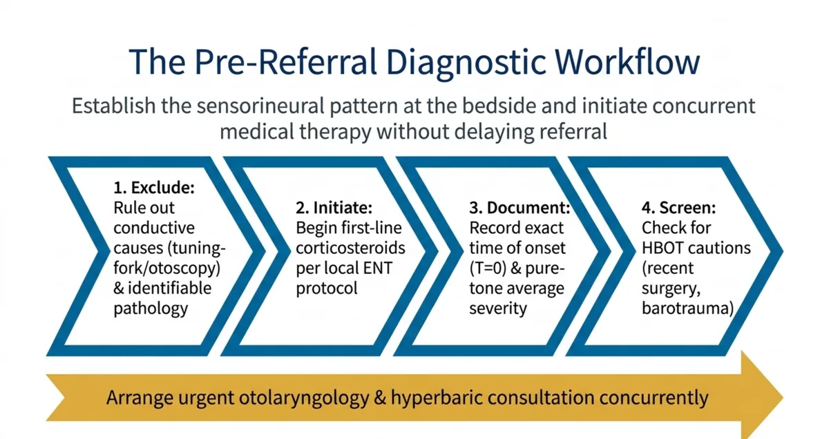 Four-step pre-referral workflow: exclude conductive causes, initiate corticosteroids, document onset and severity, screen for hyperbaric cautions.