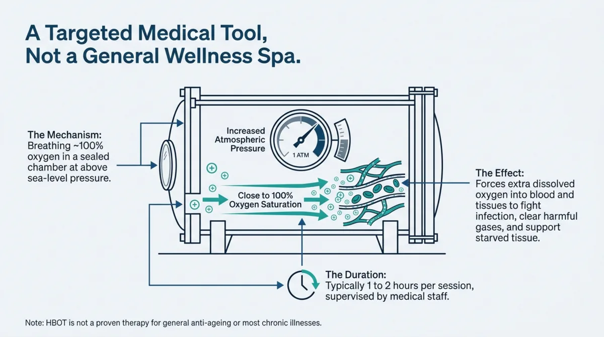 Diagram of a hyperbaric chamber showing the mechanism of breathing close to 100 per cent oxygen at raised pressure, the increased dissolved oxygen carried to the tissues, and a typical session of one to two hours under medical supervision.