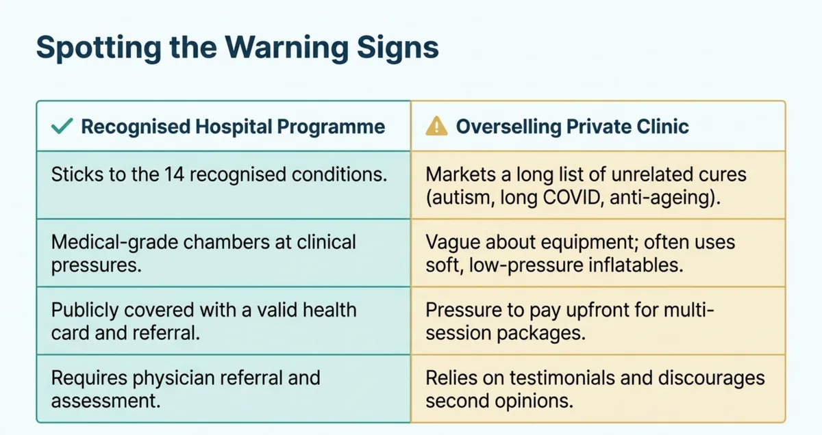 Two-column comparison contrasting a recognised hospital programme, which keeps to the recognised conditions, uses medical-grade chambers, is publicly covered and requires a referral, with an overselling private clinic, which markets unrelated cures, is vague about equipment, pressures upfront payment, and relies on testimonials.
