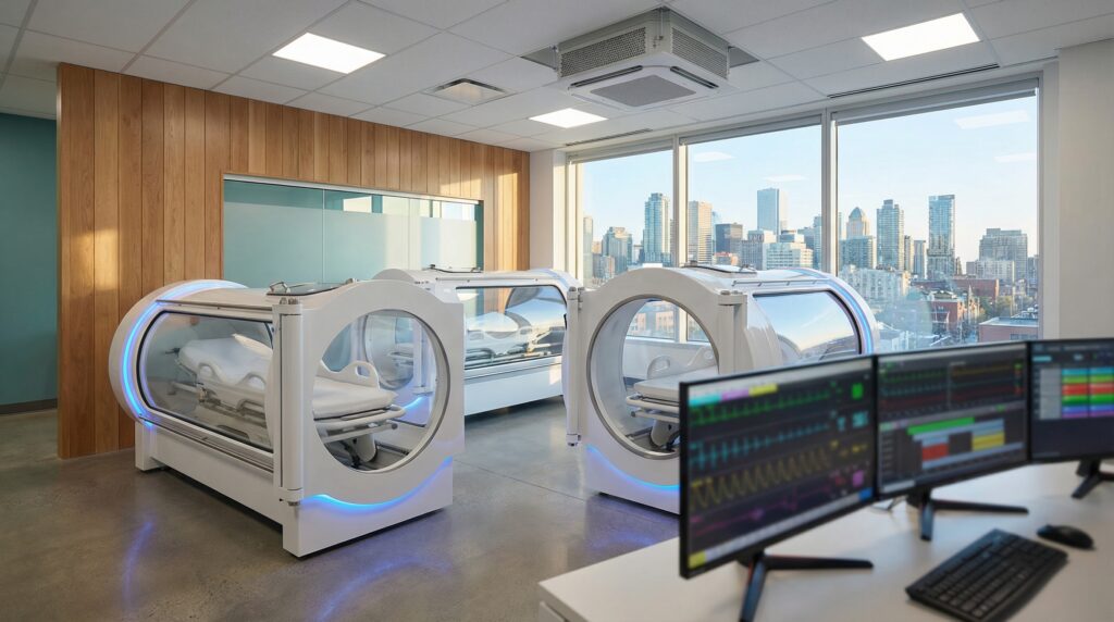 Modern Canadian hyperbaric oxygen therapy clinic with monoplace chambers and digital monitoring systems