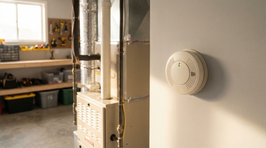 Carbon monoxide detector on wall near home furnace - CO poisoning awareness