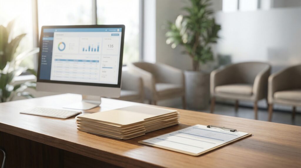 Modern hyperbaric clinic reception desk with billing documents