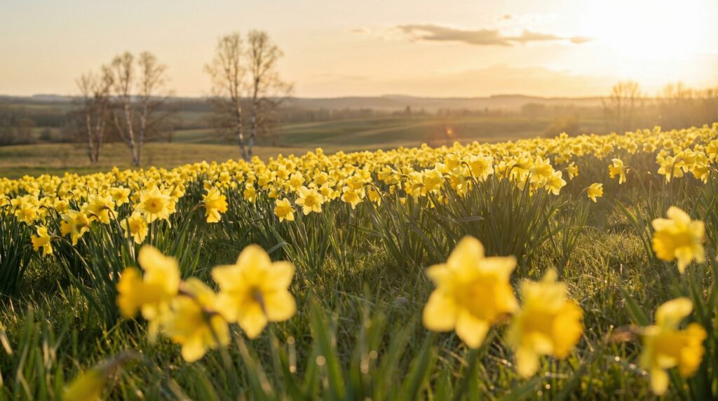Bright yellow daffodils blooming in a Canadian meadow at golden hour - Daffodil Month cancer awareness