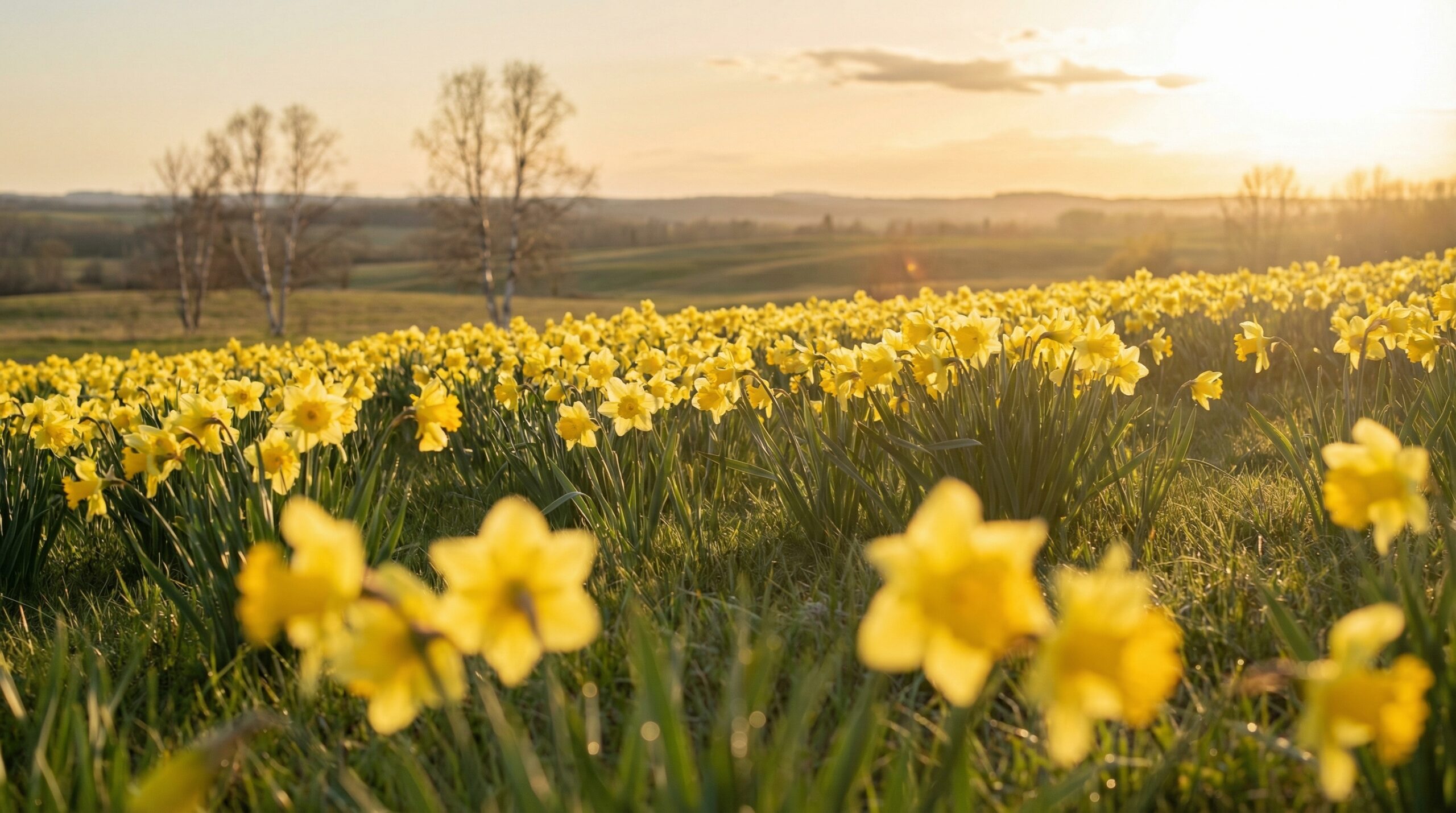 Bright yellow daffodils blooming in a Canadian meadow at golden hour - Daffodil Month cancer awareness