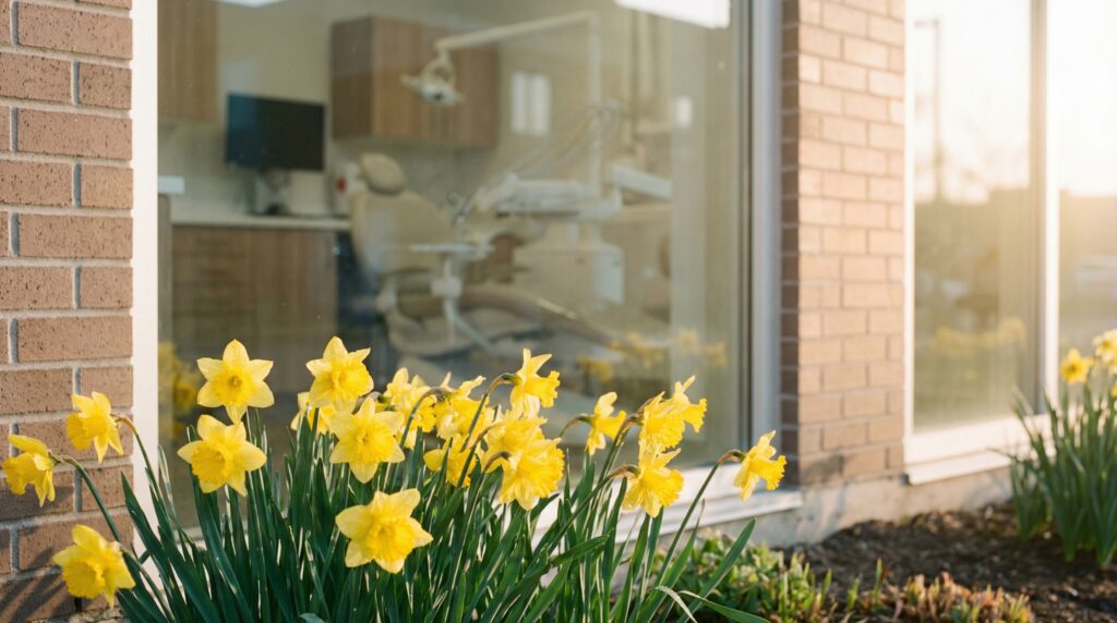 Yellow daffodils beside a medical clinic in spring - Daffodil Month cancer awareness