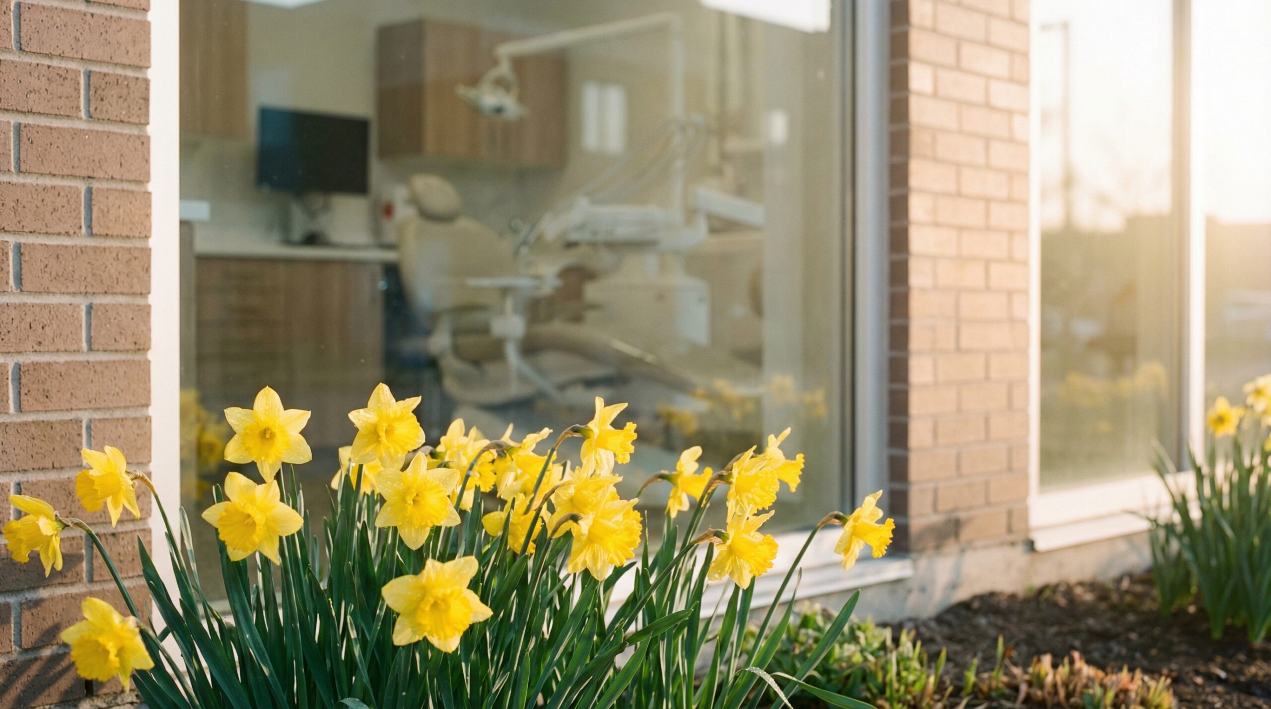 Yellow daffodils beside a medical clinic in spring - Daffodil Month cancer awareness