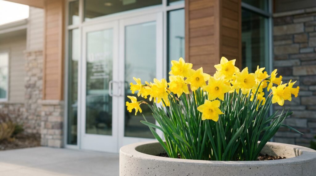 Yellow daffodils outside a medical clinic in spring - Daffodil Month cancer awareness