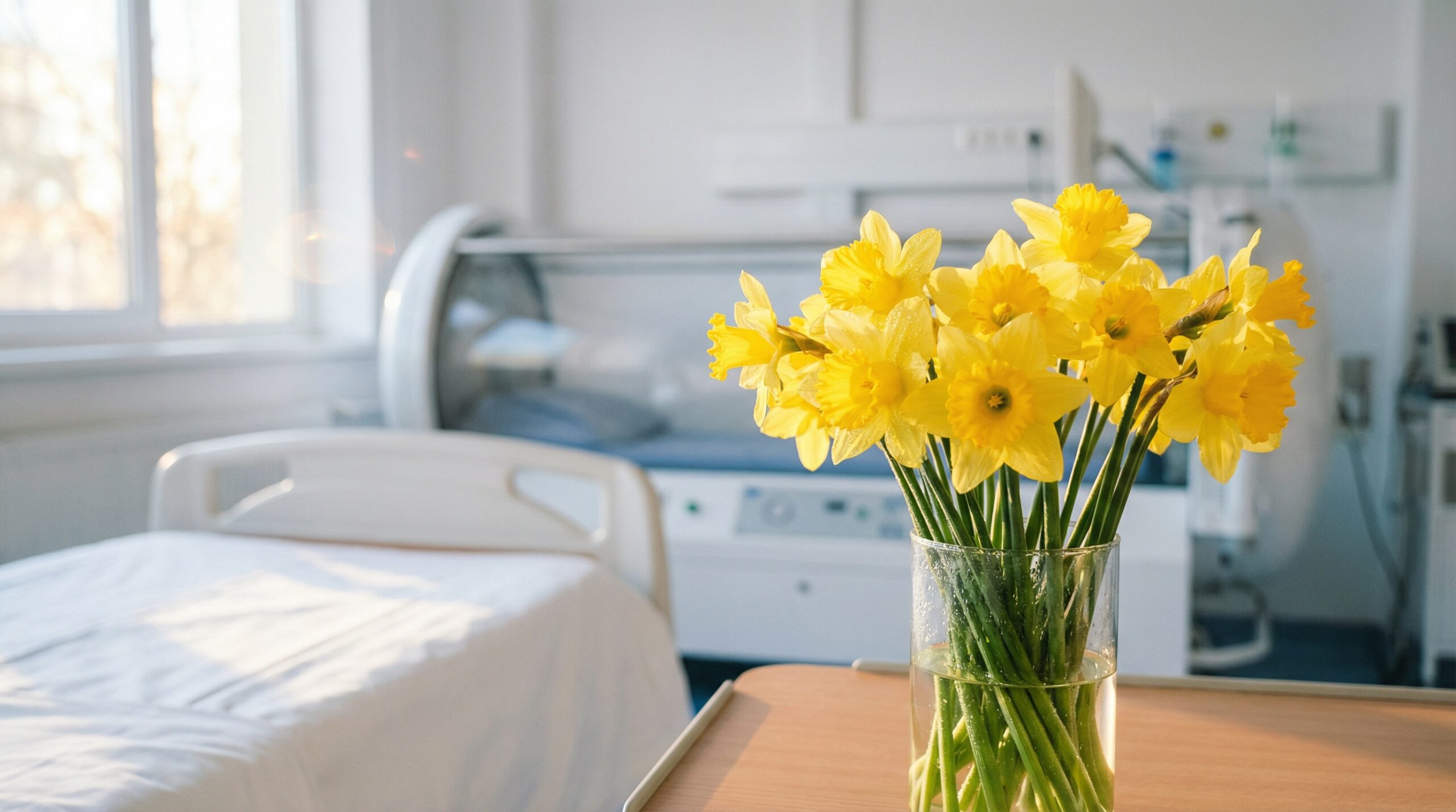 Yellow daffodils in spring light outside a Canadian healthcare facility