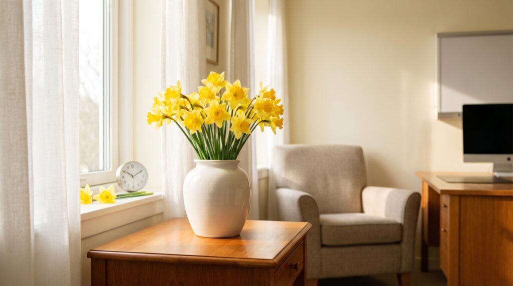 Daffodils on a hospital windowsill with spring light