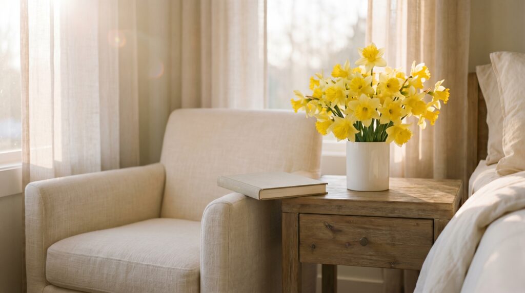 Daffodils in a peaceful home setting with warm spring light