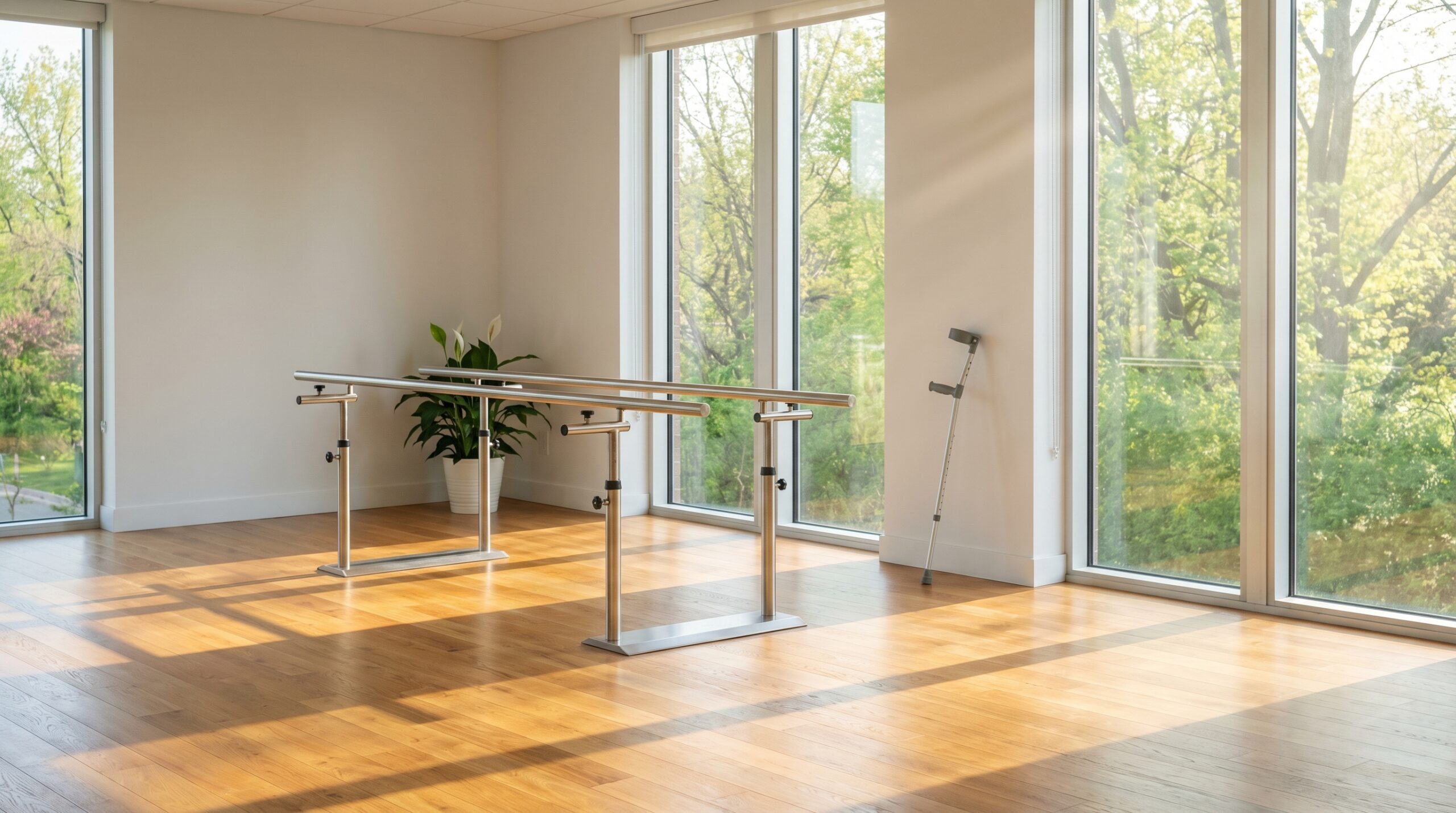 Modern rehabilitation room with parallel bars and spring light through windows