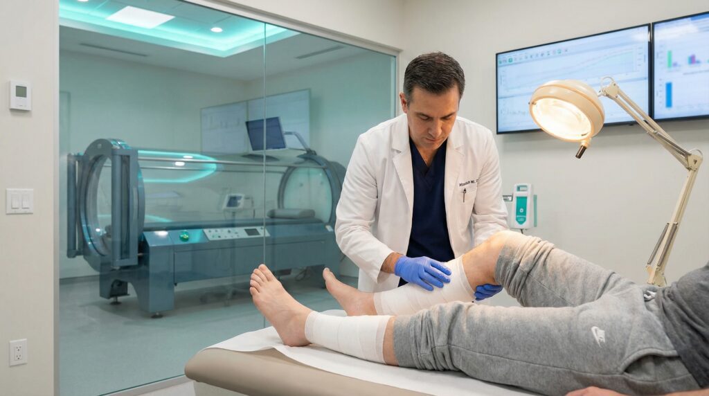Physician examining patient wound with hyperbaric oxygen chamber in background at a modern wound care clinic