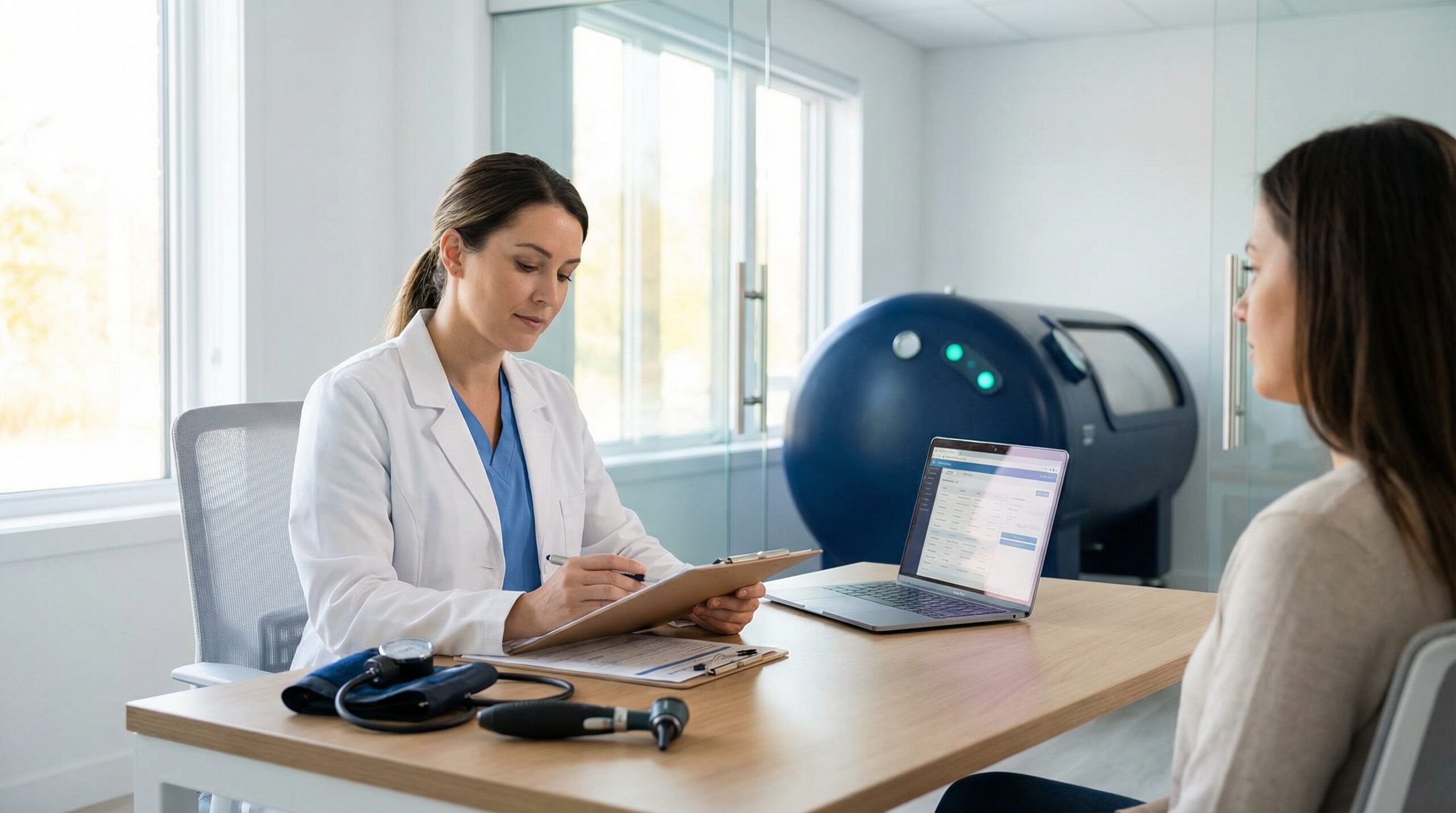Healthcare professional conducting patient screening assessment before hyperbaric oxygen therapy in a Canadian clinic