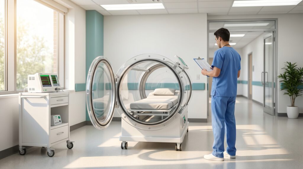 A modern hyperbaric oxygen therapy chamber in an accredited Canadian clinic with medical staff and monitoring equipment