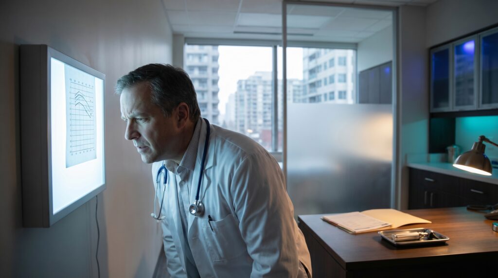 Canadian physician reviewing an audiogram in a hospital ENT clinic for sudden sensorineural hearing loss HBOT referral